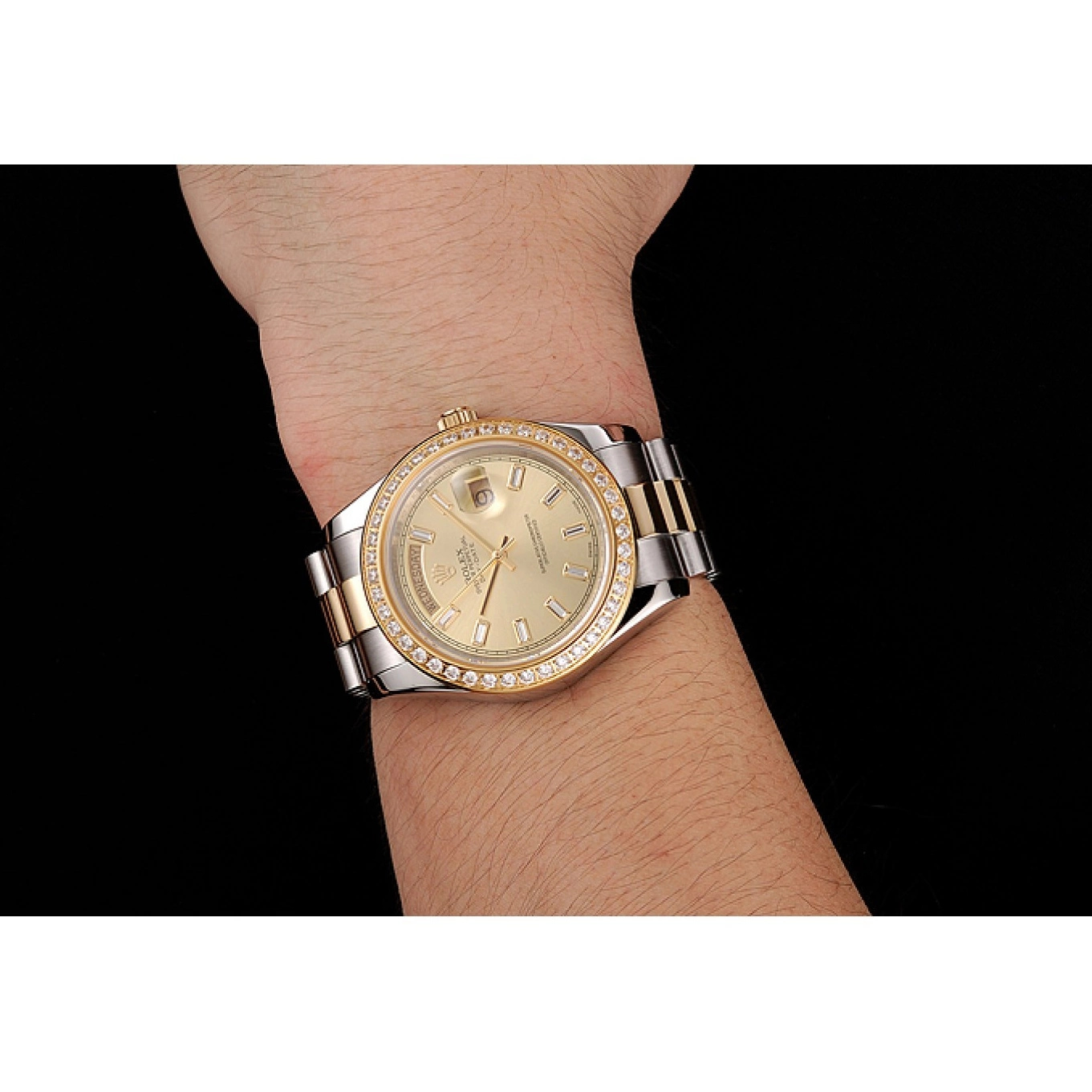 Aaa replica Dial Tone Bracelet Diamond Swiss Bezel Rolex Two Champagne 1454103 Day-Date 0802